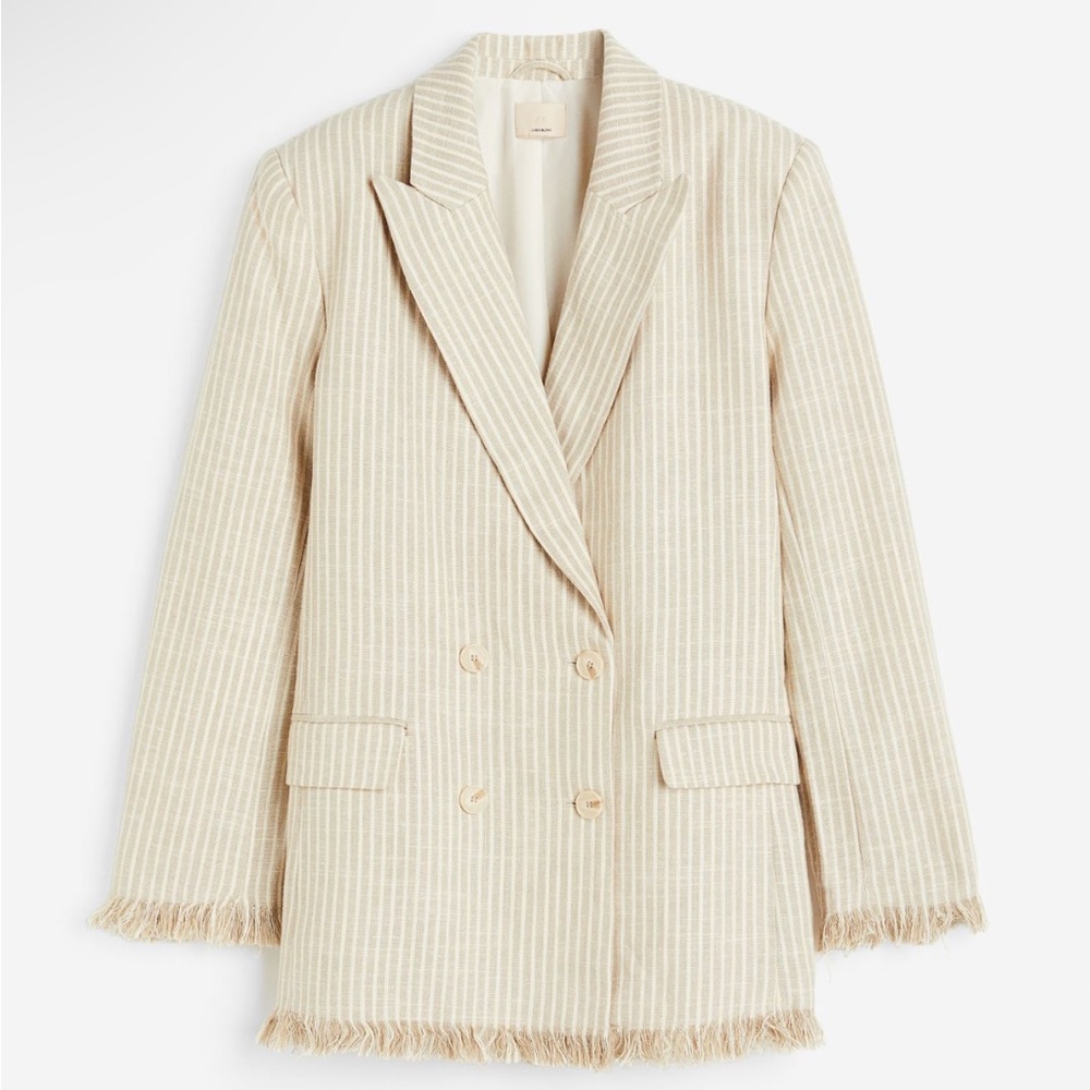 H&M suit set / striped raw hem linen suit set / blazer & trousers / size S